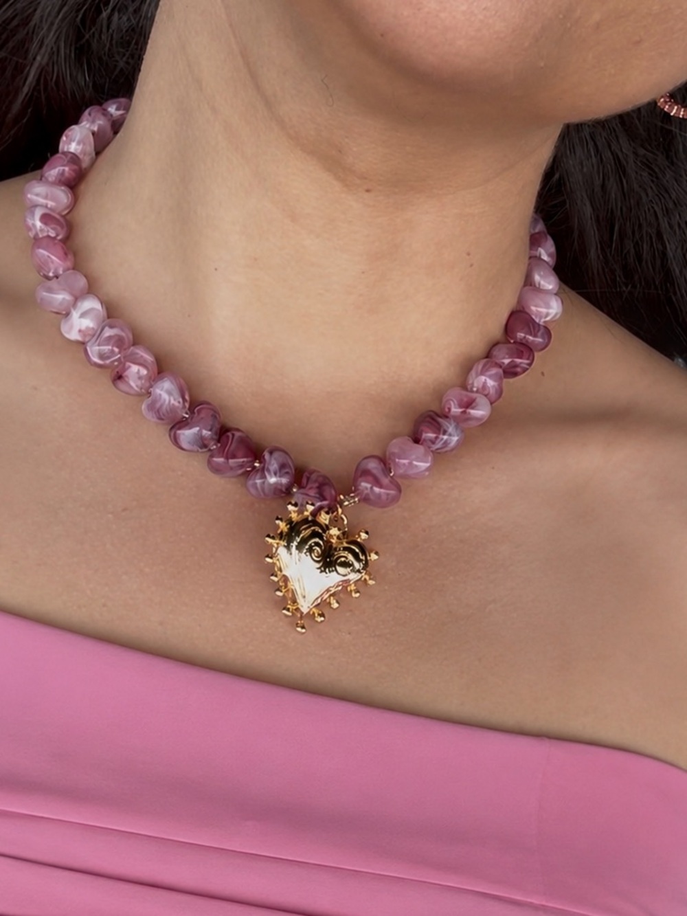 Pink Beaded Necklace with Gold Heart Charm